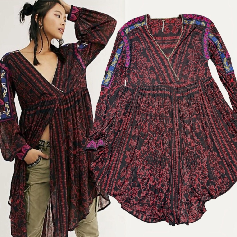 Free People Midnight Dance Printed Tunic Duster Mini Dress Black Red Medium
